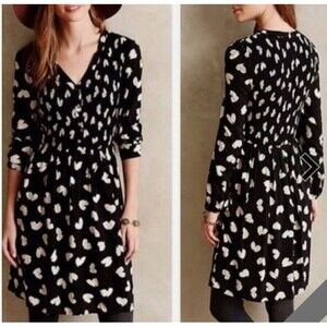Maeve Anthropologie Mini Dress Sz M Black White Heart Print Long Sleeve